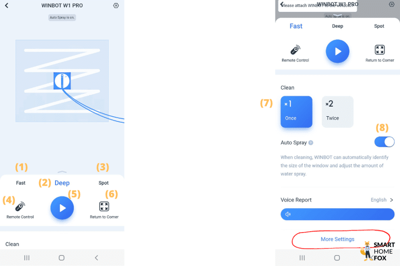 Die Einstellungsmöglichkeit der Ecovacs WINBOT W1 PRO App sind zu sehen